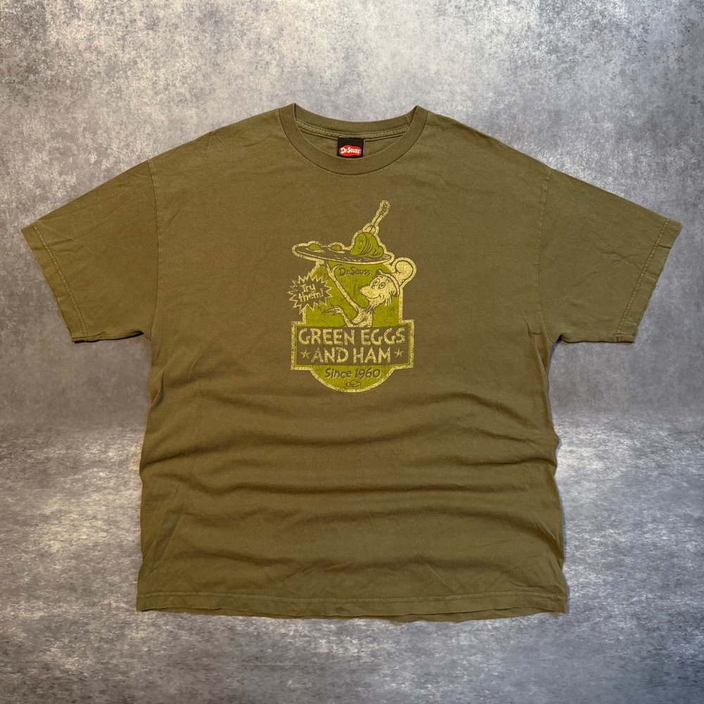 Vintage Dr Seuss Green Eggs and Ham T-Shirt Mens XL Olive Green Alstyle AAA 2001